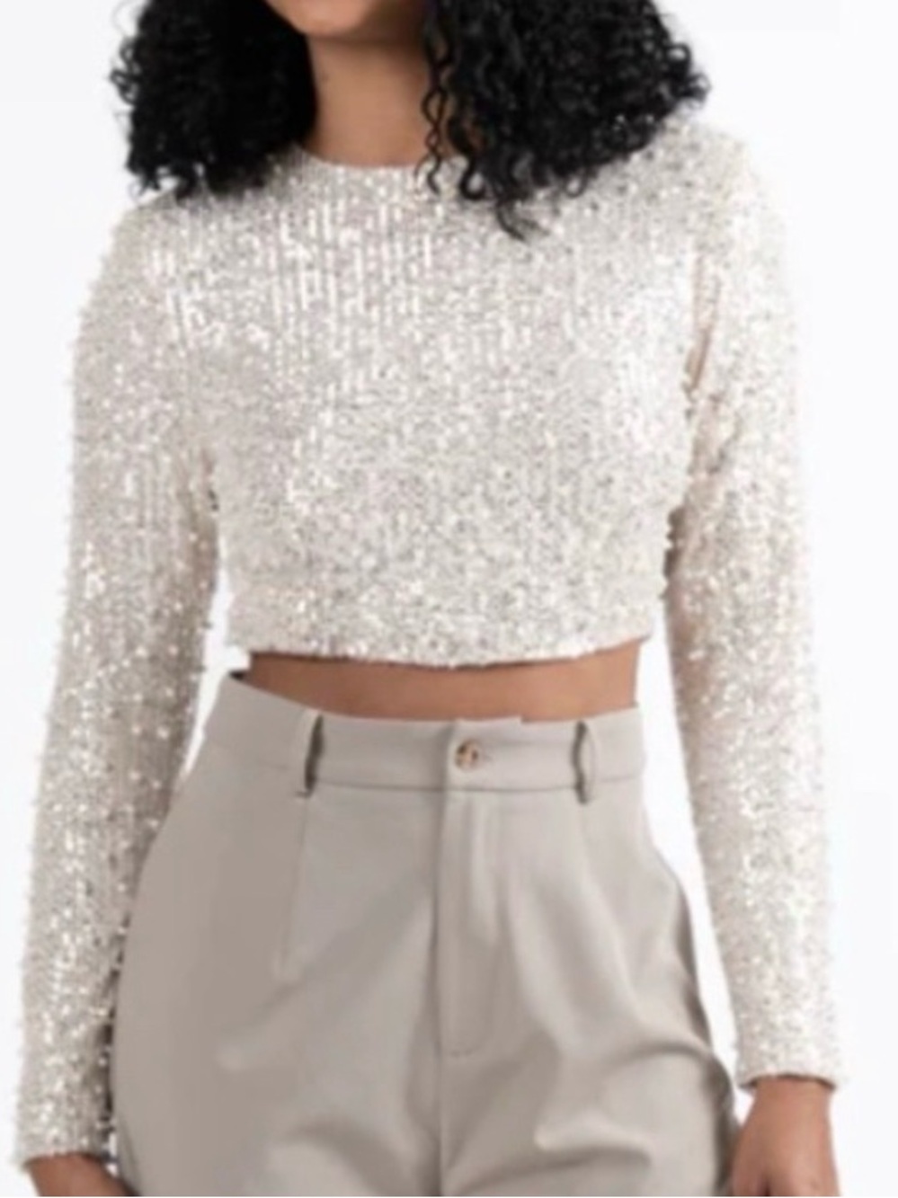 Pink lily Sequined Long-Sleeve Crop Top in Ivory